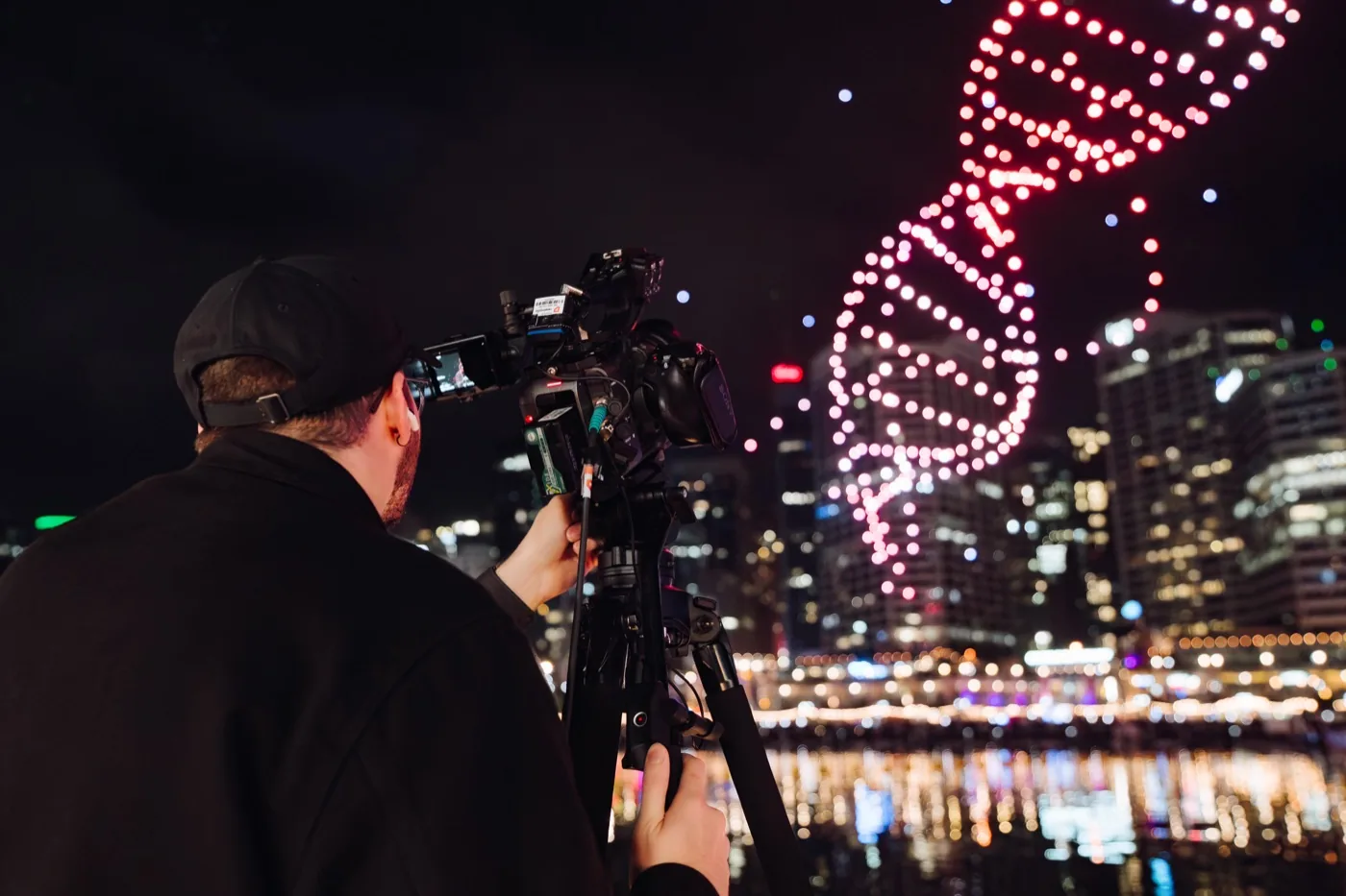 Filming the VIVID drone show over Darling Harbour, The M1 Group