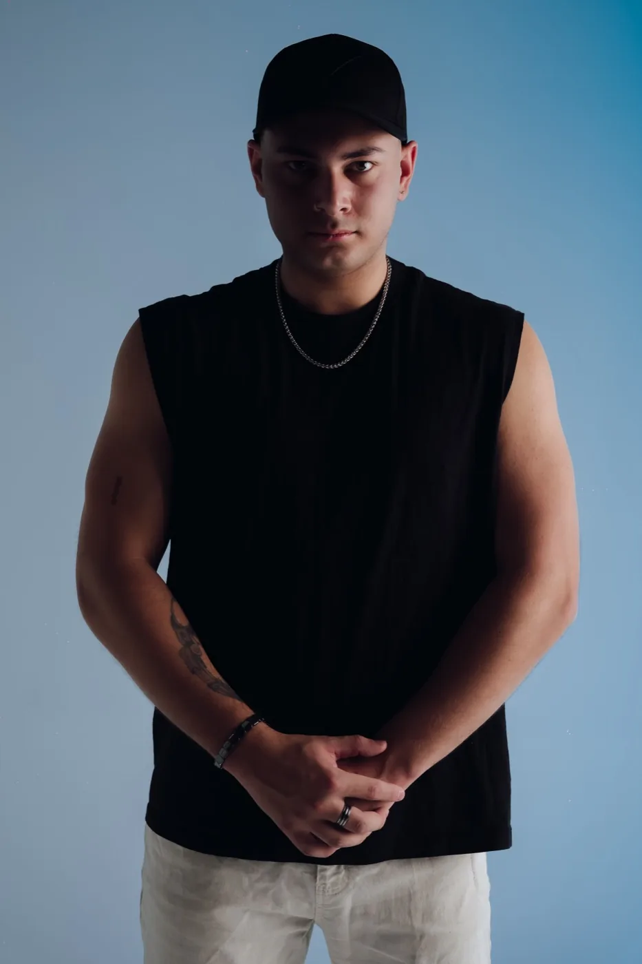Studio portrait with coloured light, The M1 Group